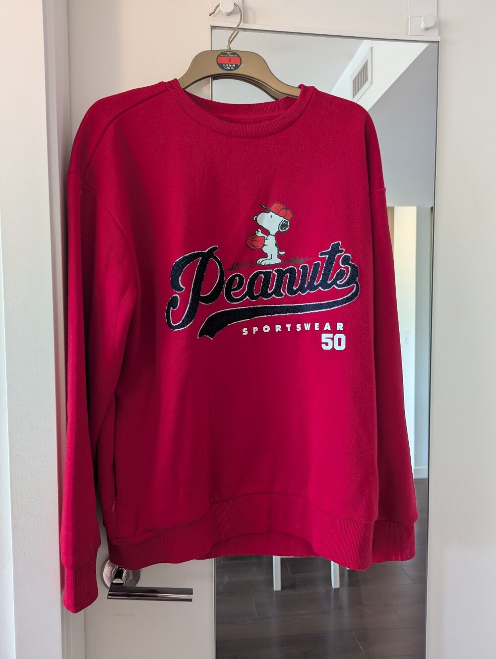 Peanuts Red Crewneck Varsity Sweatshirt with Snoopy Graphic